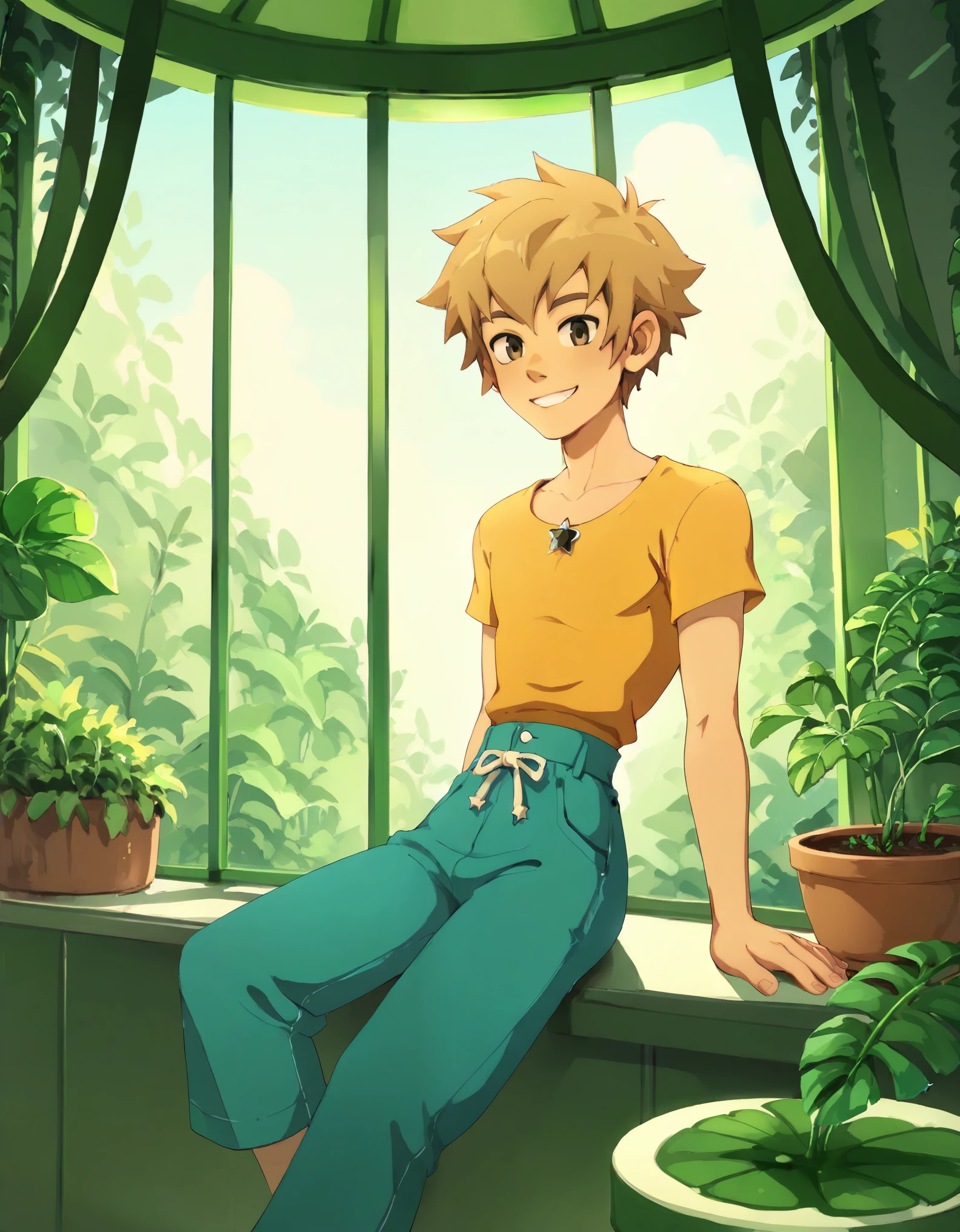 score_9, score_8_up, score_7_up, 1boy, solo, yugo, sitting, smile, twink, greenhouse, (perspective:0.15), looking at viewer, narrow waist, 
