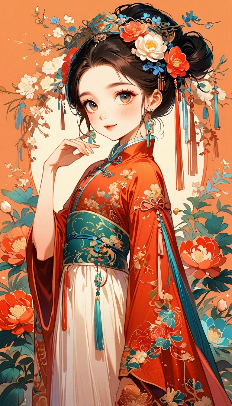 A beautiful young 10 years old little girl in traditional Chinese attire, sweet smile, from front, eyes look at other side, fashion pose, charming and attractive sexy pose, surrounded by a lush garden. gazing at it with gentle eyes. The woman's hair is styled in an elaborate updo adorned with flowers and traditional ornaments. Her dress is elegant, pink and white color tone, featuring fine silk with floral embroidery. The garden is in full bloom, with peonies and other flowers providing a backdrop. The scene captures the serenity and beauty of classical Chinese art, with a touch of nature harmony, (((Ultra-high saturation, high natural saturation, extremely bright colors)))