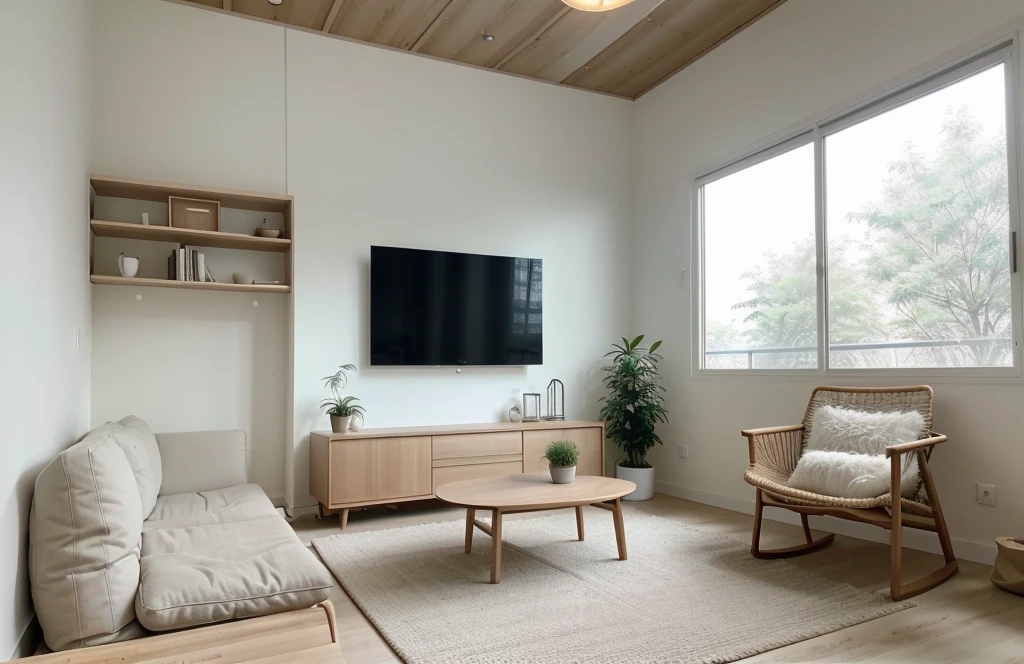 Minimalist Muji-style living room, neutral color palette, natural materials, soft lighting, low-profile white couch, wooden chair, natural wood coffee table, indoor plants, minimalist wall art, woven rug, natural light, tranquility, functionality, harmonious blend, large doors look to balcony on the right, The room is free of clutter, emphasizing functionality and simplicity, characteristic of the Muji style.
The ceiling is flat with recessed downlights arranged in a sparse, straight line pattern, providing subtle and even illumination throughout the room. 

((8k)), high quality detail, soft lighting, minimalist design, neutral color palette, natural materials, clean lines, serene and inviting, modern Japanese aesthetic, flat ceiling, recessed downlights.
