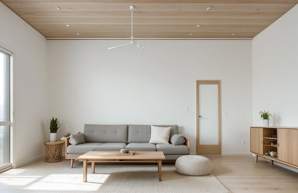 Minimalist Muji-style living room, neutral color palette, natural materials, soft lighting, low-profile white couch, wooden chair, natural wood coffee table, indoor plants, minimalist wall art, woven rug, natural light, tranquility, functionality, harmonious blend, large doors look to balcony on the right, The room is free of clutter, emphasizing functionality and simplicity, characteristic of the Muji style.
The ceiling is flat with recessed downlights arranged in a sparse, straight line pattern, providing subtle and even illumination throughout the room.
((8k)), high quality detail, soft lighting, minimalist design, neutral color palette, natural materials, clean lines, serene and inviting, modern Japanese aesthetic, flat ceiling, recessed downlights.