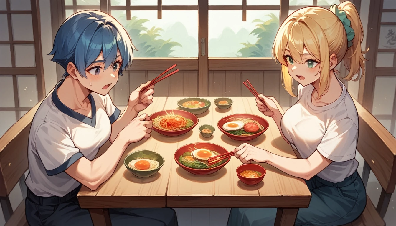 Various types of typical Japanese boiled noodles on the table. Healthy and nutritious food.