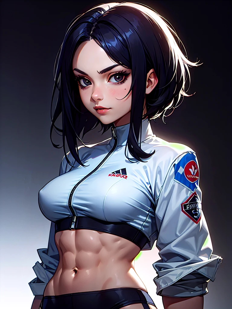 ((Portrait)), She has an Athletic Appearance, with Adult Charm, Fair Skin and a Muscular Build. She Expresses a Proud and Smug Look, Giving Off a Self-Confident Attitude. She has Black Eyes, Her Hair is Short and Tousled, Dark Blue Gradient, with Uneven Strands Falling Around Her Face. She Wears an Oversized, Open Bomber-Style Jacket with a High-Neck Crop Top, Revealing Her Midriff. ((Portrait, HDR, Dark Background))