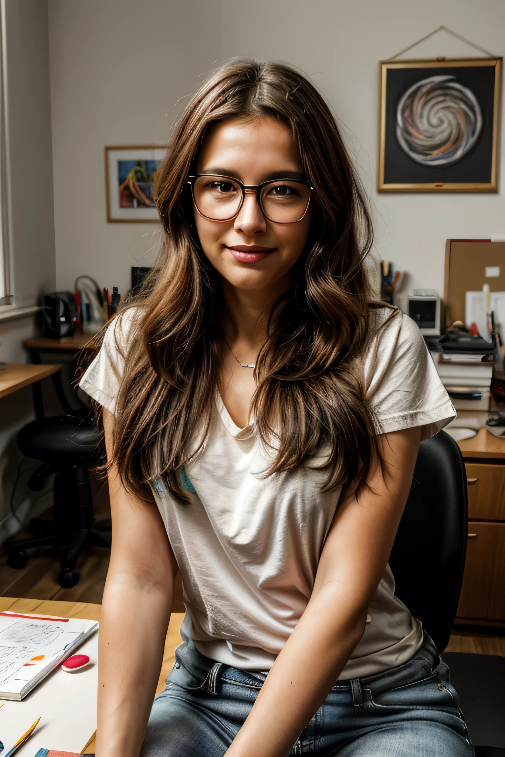 (best qualityer,realisitic),Woman in her 30s with average length, disheveled hair in front, sitting at her work desk,artistic illustration,homemade background, creative,focus on facial details,happy expression,fine lines on the face,Various colors in glasses,Desk crammed with art supplies and papers,Artistic atmosphere,swirly vibrant colors,lively brushstrokes,HDR Lighting