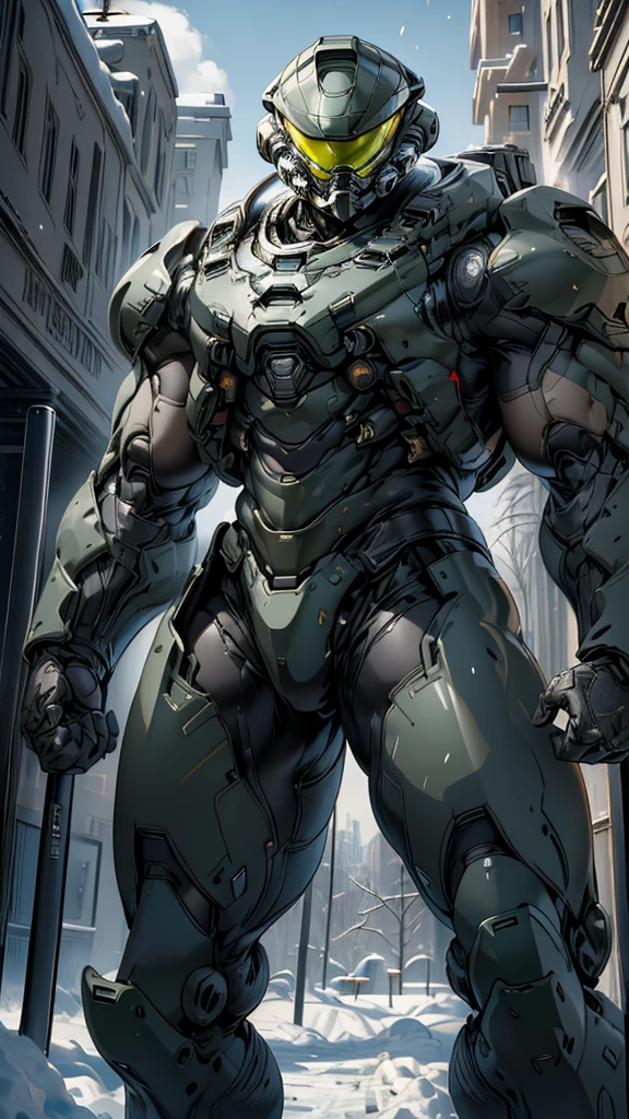 (high quality, 4K, high dynamic range) , (masterpiece, Ultra-realistic professional lighting,,Ultra-thin 8K,1 person,Full body gray benzene heavy armor suit,Detailed Master Chief helmet,male,Snow is falling all around,ruins,End of the World,Upper Body