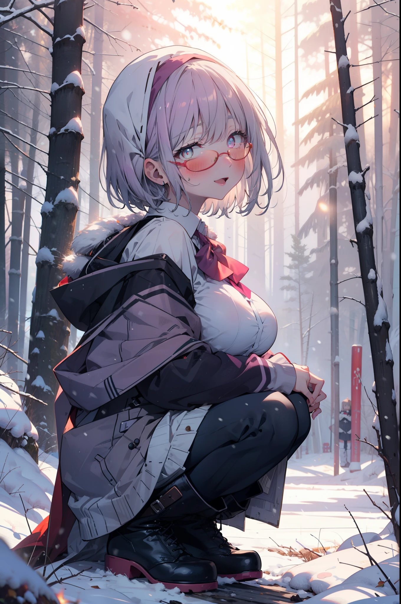 akaneshinjou, shinjou akane, Light purple hair, (Pink Eyes:1.2), short hair,Akagi Glasses,hair band,smile,blush,White Breath,Big Breasts,
Open your mouth,snow,Ground bonfire, Outdoor, boots, snowing, From the side, wood, suitcase, Cape, Blurred, having meal, forest, White handbag, nature,  Squat, Mouth closed, Cape, winter, Written boundary depth, Black shoes, red Cape break looking at viewer, Upper Body, whole body, break Outdoor, forest, nature, break (masterpiece:1.2), Highest quality, High resolution, unity 8k wallpaper, (shape:0.8), (Beautiful and beautiful eyes:1.6), Highly detailed face, Perfect lighting, Highly detailed CG, (Perfect hands, Perfect Anatomy),