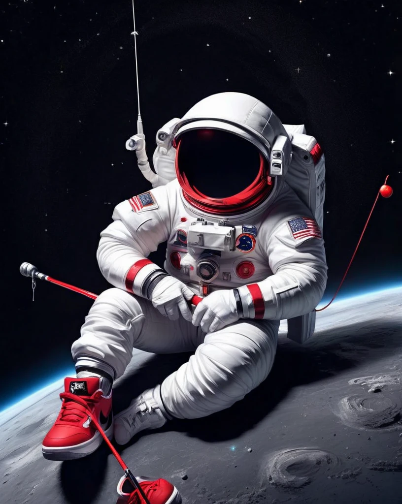 astronaut t-shirt design sitting on a small planet holding a fishing rod, wearing red and white Nike sneakers, Nike Jordan, text logo: space, flat-colors, (black backdrop), High definition, 8K