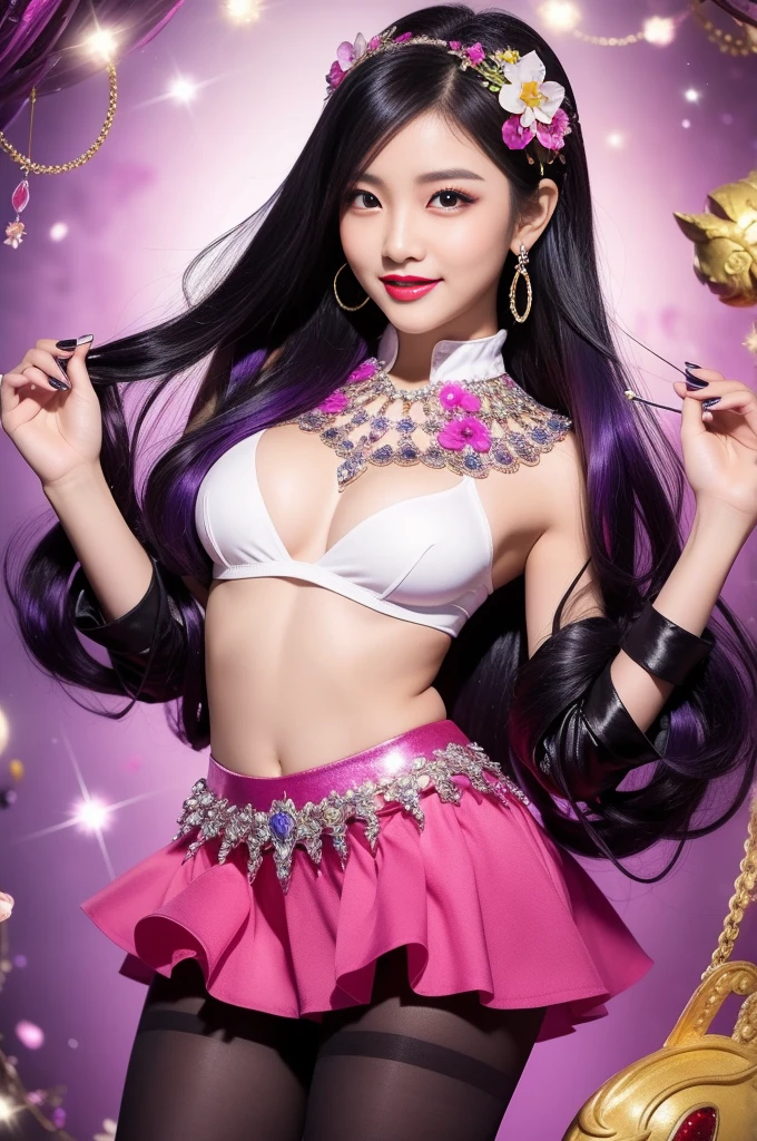 sexy Thai model who controls poison、beautiful smile、lip-gloss、bold lipstick、intense makeup、look at the camera、full body Esbian、、sparkling poisoned flower costume、、、、sparkling Colorful hair、secrete poison、skull hair accessories、sexy tights、shiny sparkling flowers background