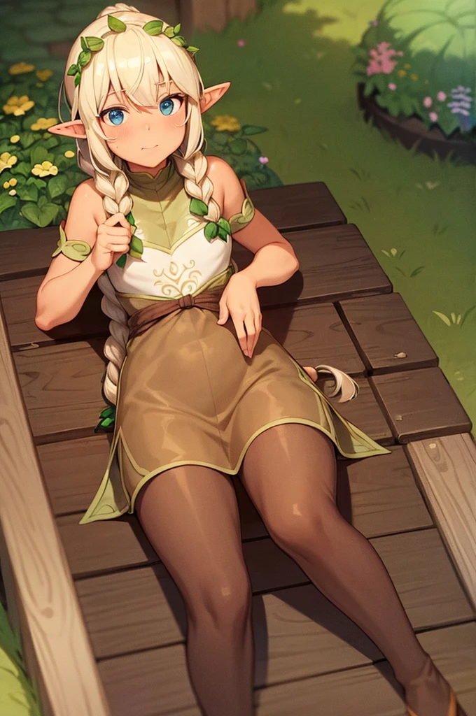 cute, elf, tanned, braid ponytail, thistle from dungeon meshi, sorceror, 