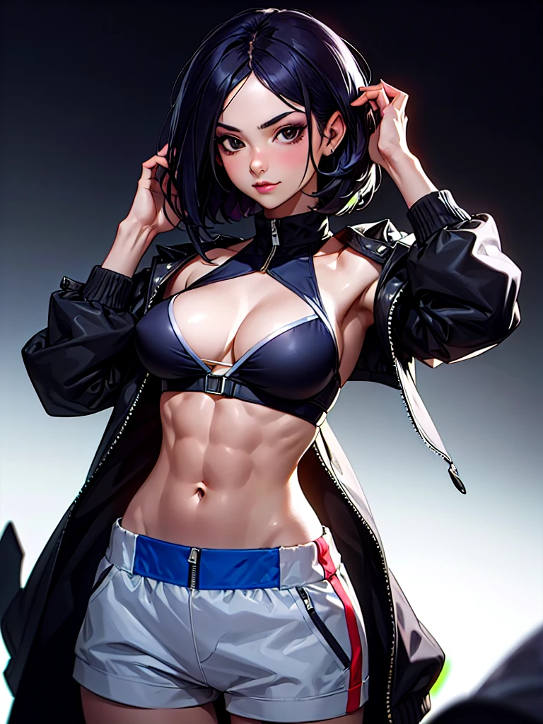 ((Portrait)), She has an Athletic Appearance, with Adult Charm, Fair Skin and a Muscular Build. She Expresses a Proud and Smug Look, Giving Off a Self-Confident Attitude. She has Black Eyes, Her Hair is Short and Tousled, Dark Blue Gradient, with Uneven Strands Falling Around Her Face. She Wears an Oversized, Open Bomber-Style Jacket with a High-Neck Crop Top, Revealing Her Midriff. ((Portrait, HDR, Dark Background))