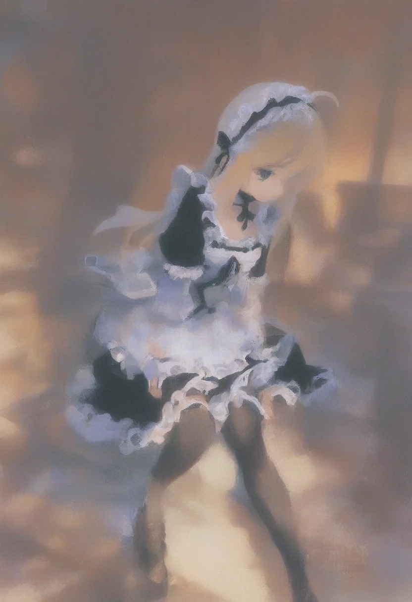 Prompt: score_9, score_8_up, score_7_up, misaki kurehito, official art, masterpiece, absurdres, anime screencap, 1girl, :o, ahoge, apron, arm support, black dress, black ribbon, black thighhighs, blonde hair, breasts, choker, cleavage, dress, frilled choker, frills, green eyes, indoors, leaning forward, maid, maid apron, maid headdress, neck ribbon, puffy short sleeves, puffy sleeves, ribbon, seiza, short sleeves, sidelocks, sitting, small breasts, solo, stairs, thighhighs, zettai ryouiki, indoors,