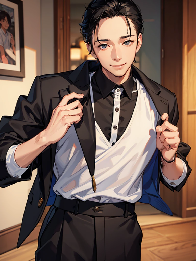 Forehead, Very short hair, A kind smile, One Man, Portrait from chest up, Very short black hair, Old man in clothes, Please open your eyes a little, Male hand,Man&#39;s face,Male eyebrows, Male Eyes, Sharp Nose ,Long Nose, Slicked back hairstyle, Black butler uniform, Iris, walking , A kind smile, Reminiscent of a novel cover, Dramatic lighting, Emphasize the contrast between light and shadow, (Official Art, Highest quality、unity 8k wallpaper、32k、masterpiece、Very detailed, grab your hair with your hands, Cinema Lighting, Isekai Tensei, anime,Beautiful light shining through the window, sense of cleanliness,