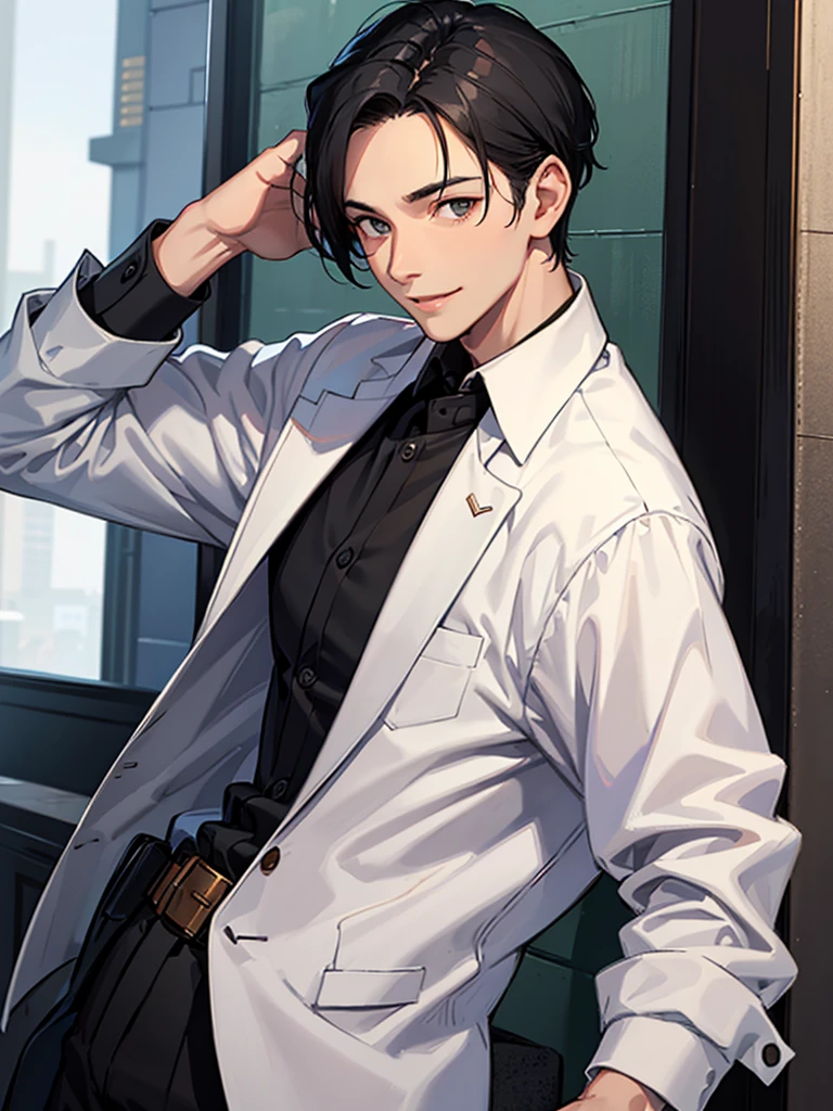 Forehead, Very short hair, A kind smile, One Man, Portrait from chest up, Very short black hair, Old man in clothes, Please open your eyes a little, Male hand,Man&#39;s face,Male eyebrows, Male Eyes, Sharp Nose ,Long Nose, Slicked back hairstyle, Black butler uniform, Iris, walking , A kind smile, Reminiscent of a novel cover, Dramatic lighting, Emphasize the contrast between light and shadow, (Official Art, Highest quality、unity 8k wallpaper、32k、masterpiece、Very detailed, grab your hair with your hands, Cinema Lighting, Isekai Tensei, anime,Beautiful light shining through the window, sense of cleanliness,