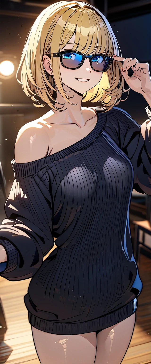 (()), bare legs, A quiet mountain landscape with a starry sky stretching out, the Milky Way shining beautifully in the night, (()), (((sunglasses, hand to sunglasses))), (((cowboy shot))), ((wavy hair, inward curled hair)), ((night)), ((blond hair, bob cut:1.3)), breasts, teenager, (looking at viewer), oversized clothes, puffy long sleeves, ((off-shoulder sweater:1.3, Quite thick shoulder straps)), ((black sweater)), collarbone, head tilt:1.3, (((blue eyes))), ((happy smile)), (((anime style))), (best quality, 4K, 8K, highres, masterpiece:1.2, ultra-detailed, ultra-detailed eyes, HDR, uhd, studio lighting, ultra-fine painting, sharp focus, physically-based rendering, extreme detail description, professional, vivid colors, bokeh)
