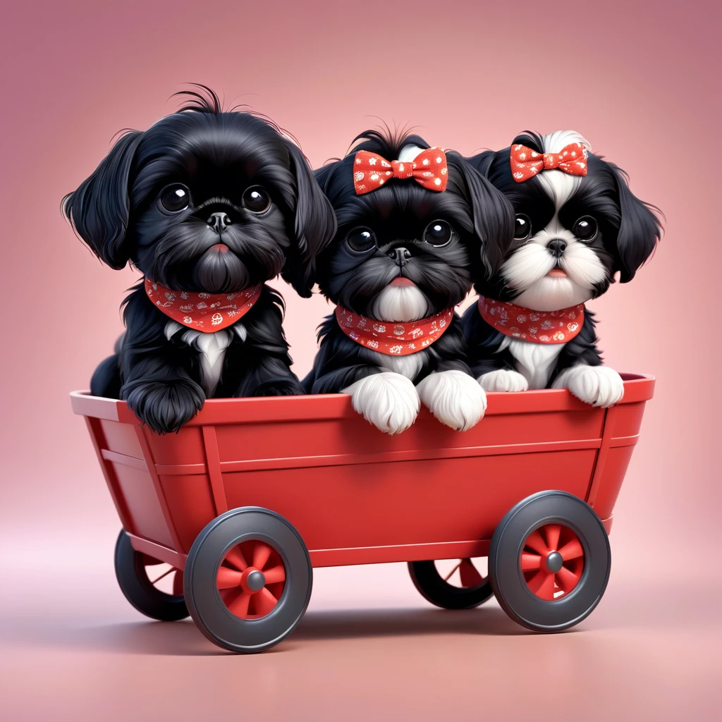 2 Adorable small black Shih Tzu puppies wearing bright bandannas sunglasses playing with wagon Disney background 3d cartoon 3d render disney pixar style