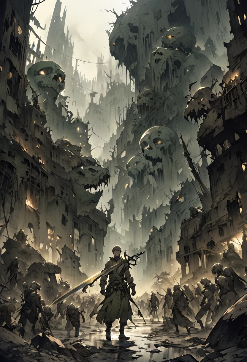 Create a mesmerizing image of a shadowy man holding the Chrysamere sword, in a haunting post-apocalyptic landscape, where a horde of zombies lurk ominously in the background. The entire scene should reflect the intricate details of the sword with a bleak color pallet that includes pale yellows and dusty browns and greens. The style should incorporate Luis Royo's art, creating a juxtaposition of decayed ruins and modern decrepit remnants.