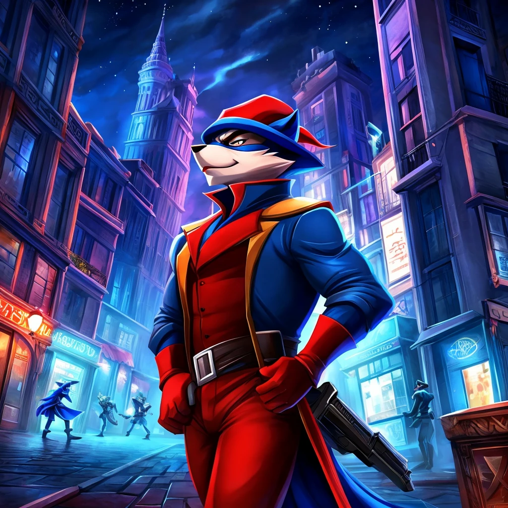 Кармелита Монтойя Фокс из игры Sly Cooper Thieves in Time, with red lipstick on lips, holding a red taser, stands against the backdrop of the night city of Paris