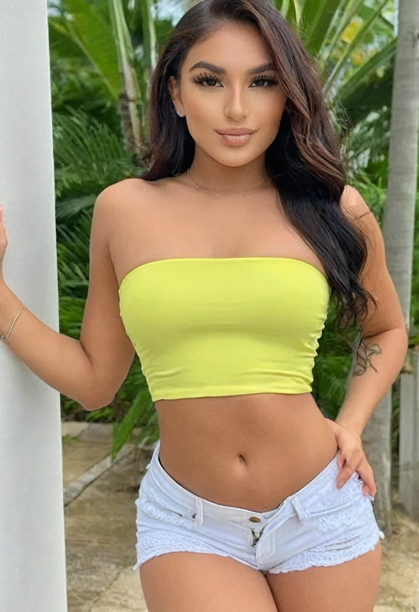((Best high quality:1.2)), (8k), extremely detailed, ((High detail:1.2)), (HotLexi woman), Solo, ((24 years old pretty perfect brazilian female:1.4)), (cropped strapless, mini-shorts),