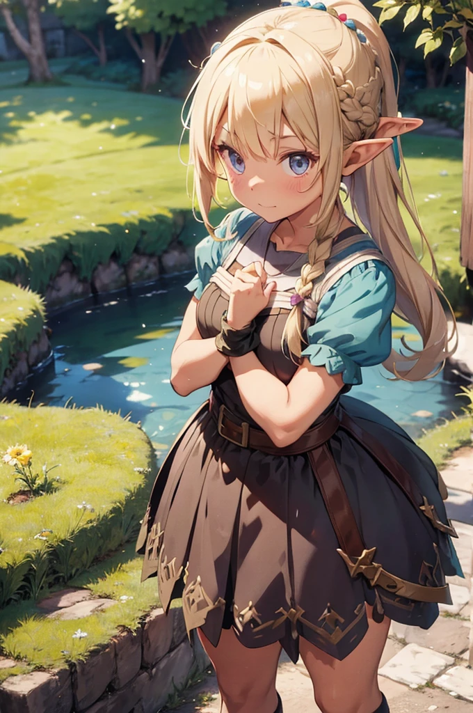 cute, elf, tanned, braid ponytail, thistle from dungeon meshi, sorceror,
