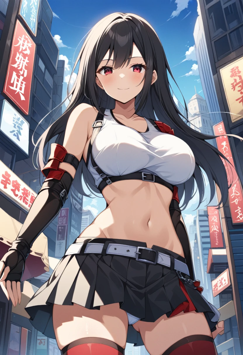 score_9, score_8_up, score_7_up,,rating_safe ,(from below.front_view ,(soro focus),standing,straight-on,,,(upperbody:1),looking_at_viewer ,1girl, tifa lockhart, final fantasy, tareme,black hair, low-tied long hair, red eyes, bangs, white tank top, belt, pleated skirt, thighhighs, elbow fingerless gloves, elbow pads, midriff, navel,suspender skirt . ,(large_breasts),(perky breasts),,light smile,panties shot,,Solo,,(daytime and beachside and city),detailed skin,(masterpeace),(best quality),(aesthetic,very aesthetic),,highly detailed),,professional lighting,cinematic lighting, dancing breast,