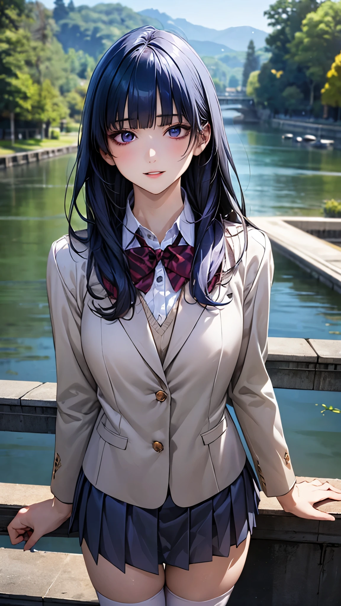 (masterpiece:1.2, top-quality), (realistic, photorealistic:1.4), beautiful illustration, (natural side lighting, movie lighting), nsfw,
looking at viewer, 1 girl, japanese, high school girl, perfect face, cute and symmetrical face, shiny skin,
(long hair:1.4, hime style, hime cut, navy blue hair), blunt bangs, purple eyes, big eyes, long eye lasher, (medium breasts, seductive thighs), slender,
beautiful detailed hair, beautiful detailed face, beautiful detailed eyes, beautiful clavicle, beautiful body, beautiful chest, beautiful thigh, beautiful legs, beautiful fingers,
white collared shirt, white thigh-highs, gray-green blazer, light grey pleated miniskirt, navy blue socks, private school uniform:1.2, dark red bow tie,
(beautiful scenery), evening, (riverside:1.2), standing, (lovely smile, upper eyes, parted lips),