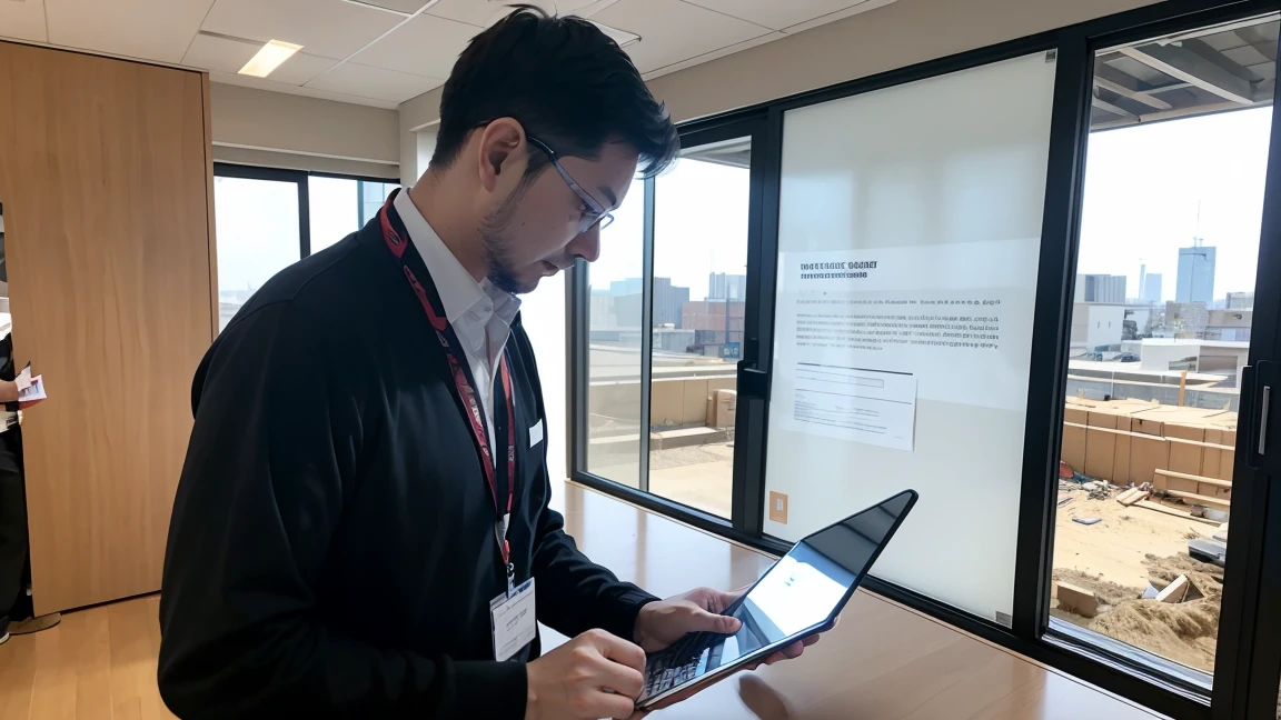 The office worker in scene 1 reviewing his project in the application from his mobile phone. He is seen walking through a construction project while carefully consulting the information. Spotlight, the mobile phone screen is shown with the application in use, highlighting mobile accessibility