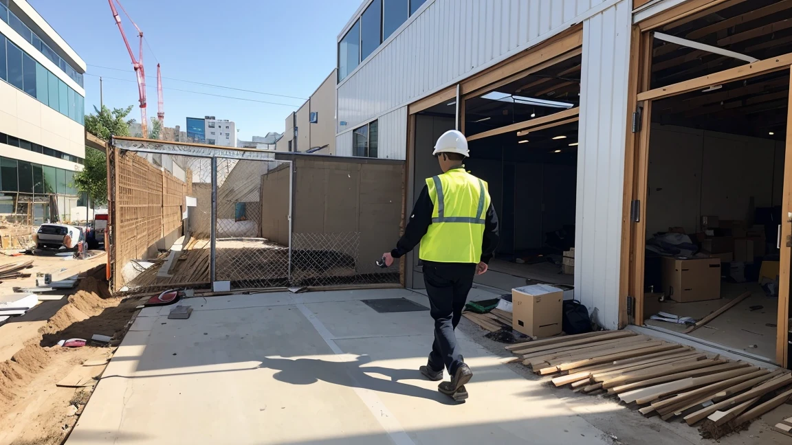 The office worker in scene 1 reviewing his project in the application from his mobile phone. He is seen walking through a construction project while carefully consulting the information. Spotlight, the mobile phone screen is shown with the application in use, highlighting mobile accessibility