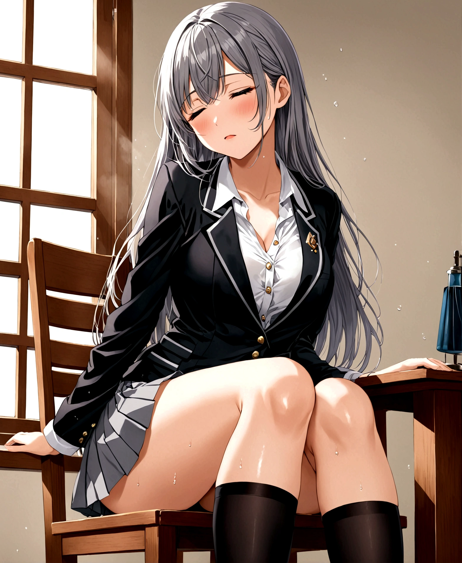 /(Front focus), /(Front view,), /(Focus on girl,), A beautiful girl, high school student, sitting on a chair, beside the window, lifting her skirt with her hands, touching her crotch over her clothes, caressing her legs with one hand, closing her eyes, moaning, leaning against the back of the chair, breathing heavily, blushing, sweat and wet body, /(extremely long straight hair, almond-shaped eyes, hourglass-shaped athletic body, Big chest, medium hip, medium waist, shapely legs, perfect fingers, Greek nose, perfect hands, triangular face,), /(uniform: white V-neck blouse long sleeves, gray pleated mini skirt, black satin blazer with gold buttons, black thigh-high stockings held up by garters,),