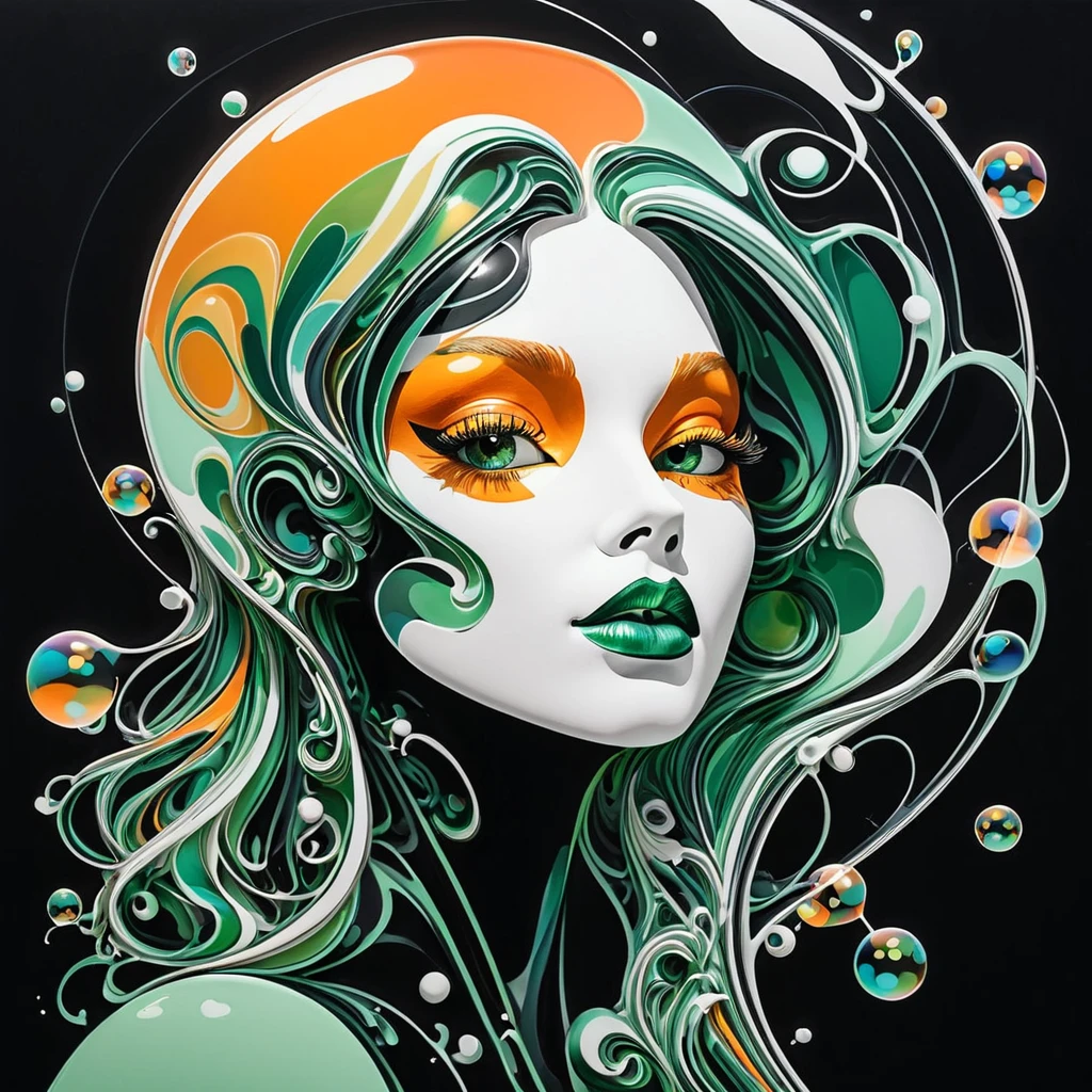 Masked, woman, Polished, Soap bubble, Line art PStyl3, Negative Space, Abstract, Complex, Iridescent, super high quality, Ultra-detailed, orange/green/black/white,