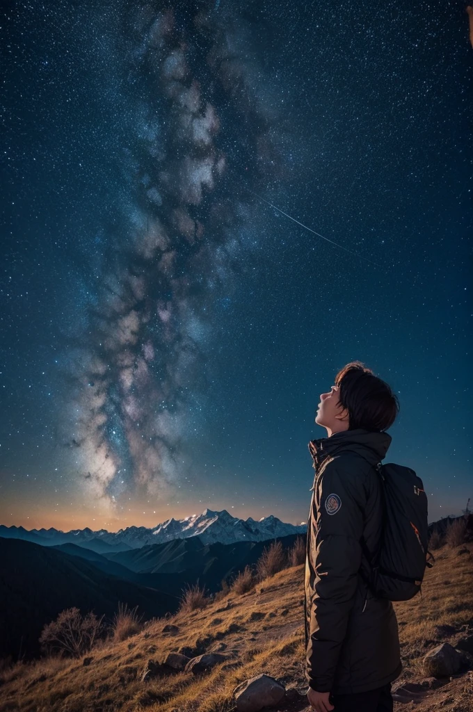 Landscape starry sky at night mountain person looking up