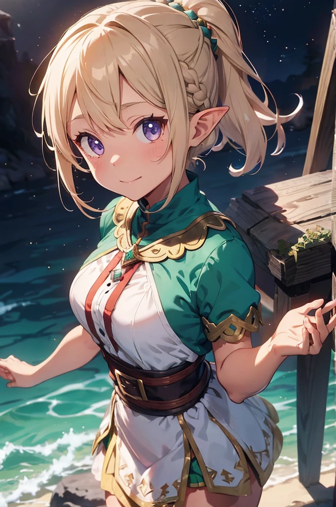 cute, elf, tanned, braid ponytail, thistle from dungeon meshi, sorceror, jester clothes