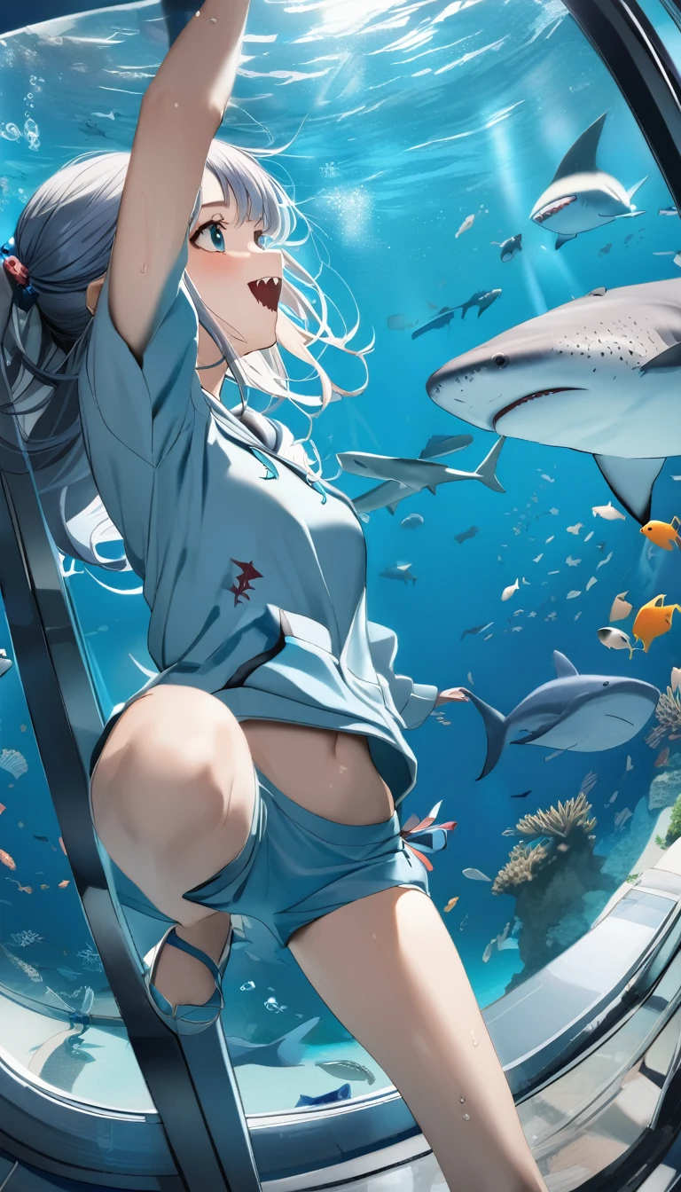 Highest quality、masterpiece:1.3、Perfect Anatomy、One Girl、12talent、Shark-chan、かわいいShark-chan、Shark-themed hoodie、Shark teeth on the hood、Wearing a hood、Light Blue Hoodie、Girl with open mouth、Sharp teeth、Shark themed hoodie、Light blue culottes、Random pose、break、aquarium、Large aquarium、美ら海aquarium、Highly detailed whale shark、A whale shark swimming gracefully in the tank、暗いaquarium、Low light、