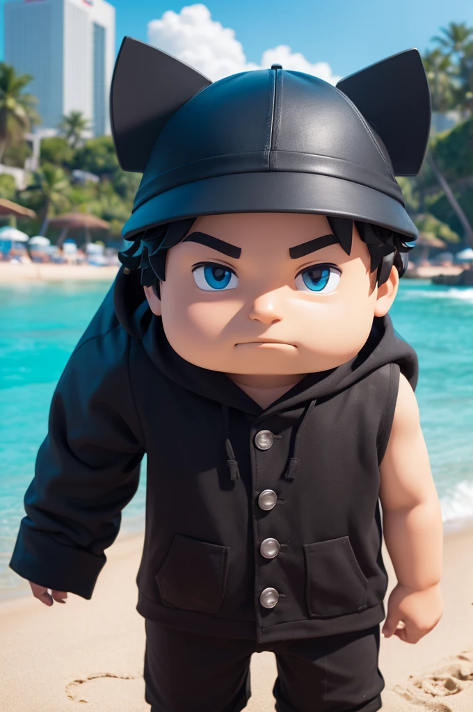 Create a Roblox image with my skin the account name is Gustavo56283 create it on the beach focus more on the character than on the beach