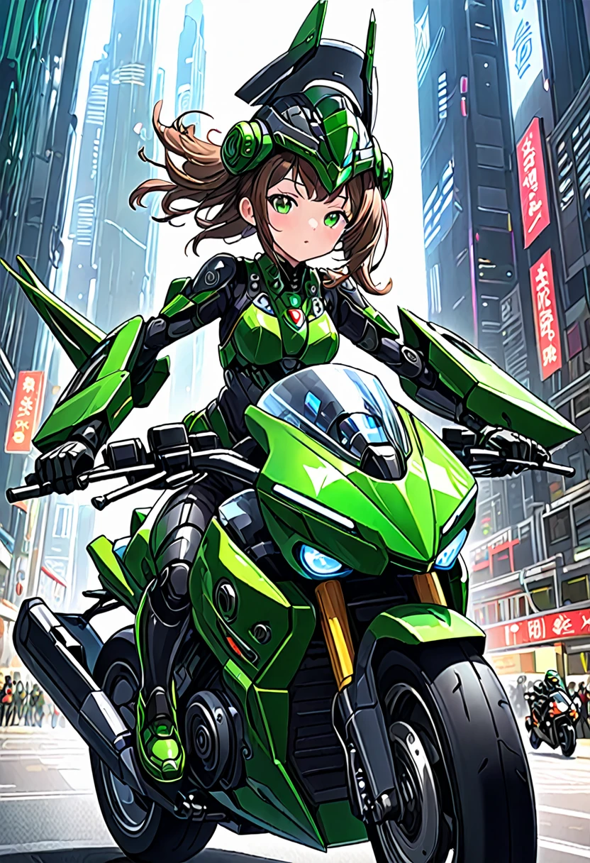 Highest image quality, outstanding details, ultra-high resolution, (realism: 1.4), the best illustration, favor details, highly condensed 1girl, with a delicate and beautiful face, dressed in a black and green mecha, wearing a mecha helmet, holding a directional controller, riding on a motorcycle, the background is a high-tech lighting scene of the future city.