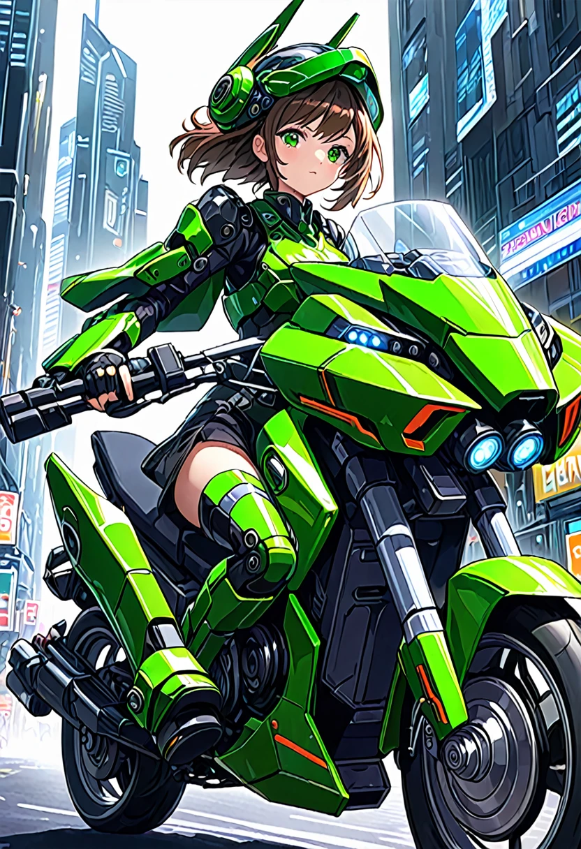 Highest image quality, outstanding details, ultra-high resolution, (realism: 1.4), the best illustration, favor details, highly condensed 1girl, with a delicate and beautiful face, dressed in a black and green mecha, wearing a mecha helmet, holding a directional controller, riding on a motorcycle, the background is a high-tech lighting scene of the future city.