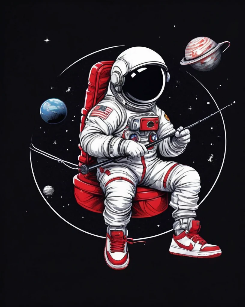 astronaut t-shirt design sitting on a small planet holding a fishing rod, wearing red and white Nike sneakers, Nike Jordan, text logo: space, flat-colors, (black backdrop), High definition, 8K