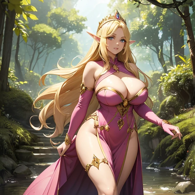 (Absurdres, master piece, best high quality image, very detailed features, very detailed textures, carefuly detailed with no deformed parts in all the artwork, solo character alone, full character view)
{{(1character: Elf woman milf: fair skin, golden blonde yellow long hair, light blue eyes, beauty, beautiful face, beautiful features, big breasts, voluotuous figure, beautiful arms, beautiful legs), (pink royal elvish long dress, long pink arm sleeve gloves, simple golden crown with pink pink gems), (cheerful, carefree, relaxed demeanor), (she is walking relaxed in the forest during a sunny day)}}