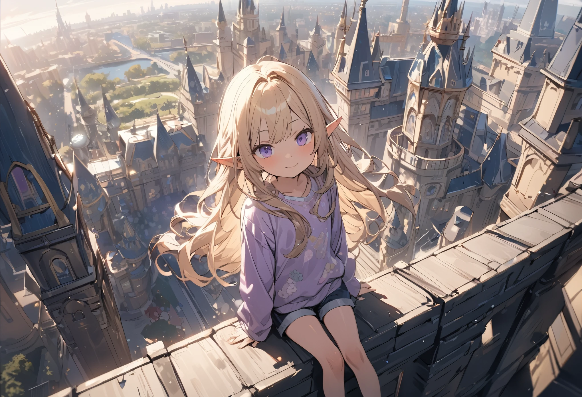 ((Masterpiece)), ((best quality)), (ultra-detailed), ((kawaii)), ((extremely detailed)), 4K, (8K), (super detail:1.2),(High Definition:1.3), (Professional Photography:1.2), from above, (wide shot), cinematic lighting, (sharp focus), (perfect light), ((1girl)), ((12 years old)), cute young girl, (very smug), (Beautiful purple eyes:1.2), (dark skin), elf girl, wearing long cardigan, slender waist, (long bangs), very long bangs, Shiny unruly hair, long hair, ((beautiful blond hair)), shortpants, BREAK, ((best quality)), ((extremely detailed)), (loose sitting on the rooftop), the Disneyland cityscape, Disneyland spreading out below, (Metropolis),
