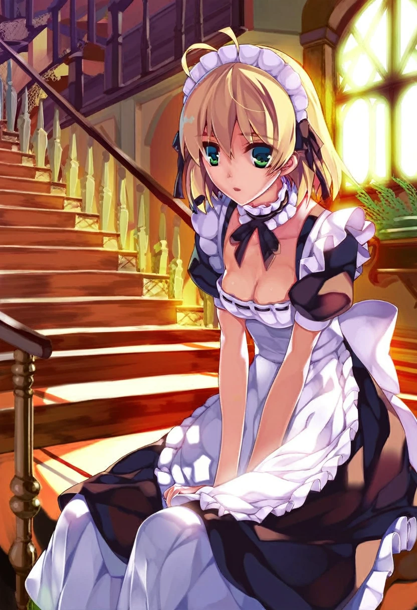 Prompt: score_9, score_8_up, misaki kurehito:1.5, official art, masterpiece, absurdres, anime screencap:1.5, 1girl, :o, ahoge, apron, arm support, black dress, black ribbon, black thighhighs, blonde hair, breasts, choker, cleavage, dress, frilled choker, frills, green eyes, indoors, leaning forward, maid, maid apron, maid headdress, neck ribbon, puffy short sleeves, puffy sleeves, ribbon, seiza, short sleeves, sidelocks, sitting, small breasts, solo, stairs, thighhighs, zettai ryouiki, indoors,