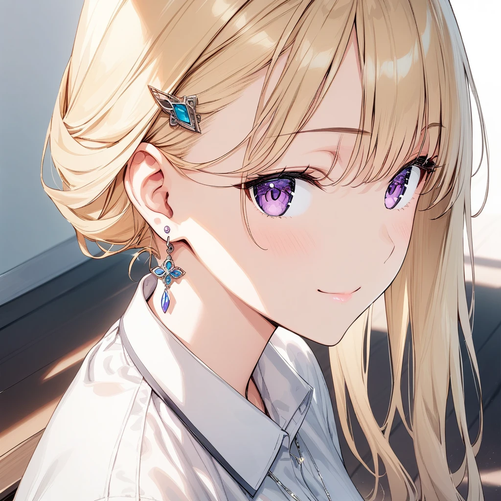 (masterpiece),(best quality),(ultra-detailed),(best illustration),(best shadow),(absurdres),(detailed background),(very aesthetic),ayase_saki, 1girl, solo, purple eyes, blonde hair, earrings, white background, jewelry, hair ornament, simple background, long hair, shirt, closed mouth, white shirt, collared shirt, bangs, smile, close-up, portrait, 