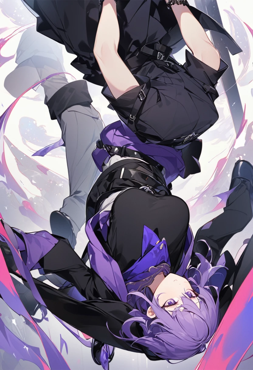 Keito。men and women。2 people。Purple hoodie。Black Skirt。The man wears black trousers。Purple Eyes。Purple Hair。Black shoes下。Black shoes。The man puts his head upside down