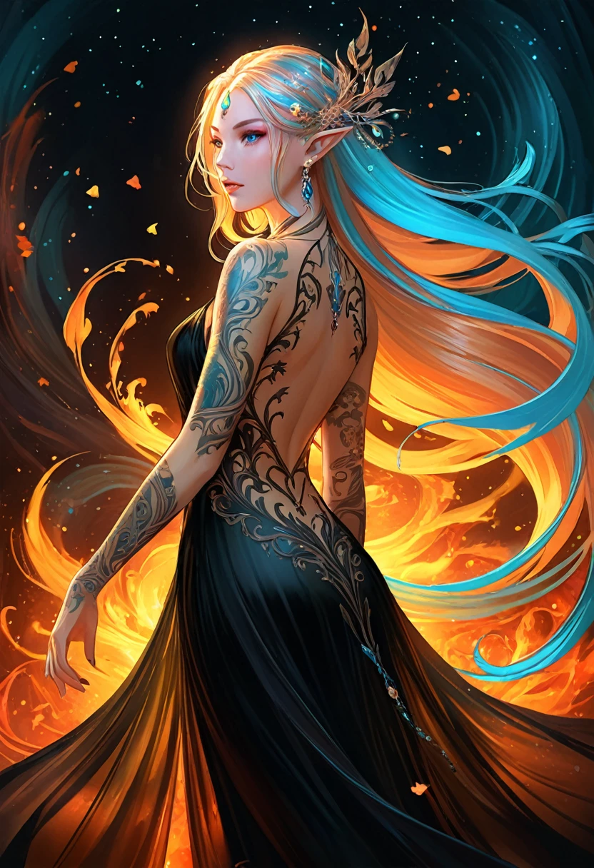 a picture of a ((shark tattoo: 1.5)) on the back of a female elf, Dark fantasy art, fantasy art, goth art,, a glowing tattoo of a ((shark: 1.3)) on the back of the elf, the ((shark tattoo)) is vivid, intricate detailed coming to life from the ink to real life, ((fire surrounds the shark: 1.5)), shoot taken from the back, ((the back is visible: 1.3), she wears a transparent black dress, the dress is elegant, flowing, elven style, that the tattoos glow, dynamic hair color, dynamic hair style, faize,, Digital Painting