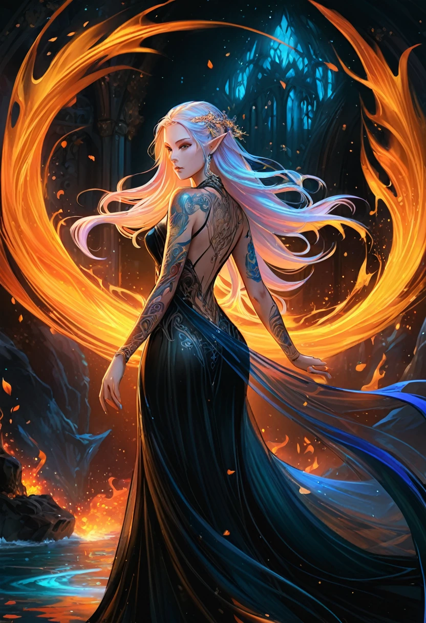 a picture of a ((shark tattoo: 1.5)) on the back of a female elf, Dark fantasy art, fantasy art, goth art,, a glowing tattoo of a ((shark: 1.3)) on the back of the elf, the ((shark tattoo)) is vivid, intricate detailed coming to life from the ink to real life, ((fire surrounds the shark: 1.5)), shoot taken from the back, ((the back is visible: 1.3), she wears a transparent black dress, the dress is elegant, flowing, elven style, that the tattoos glow, dynamic hair color, dynamic hair style, faize,, Digital Painting