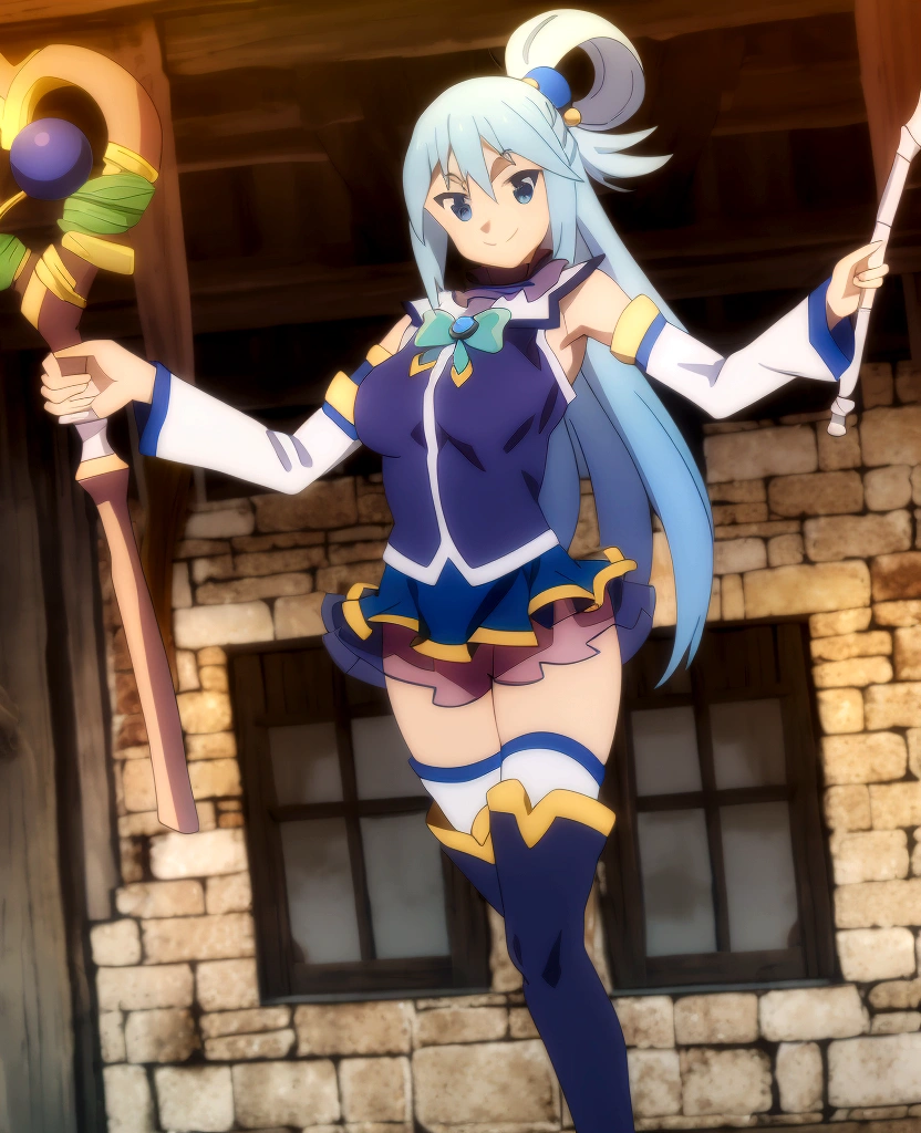 tavern; Aqua, smile, feather dress, holding staff; posing; 