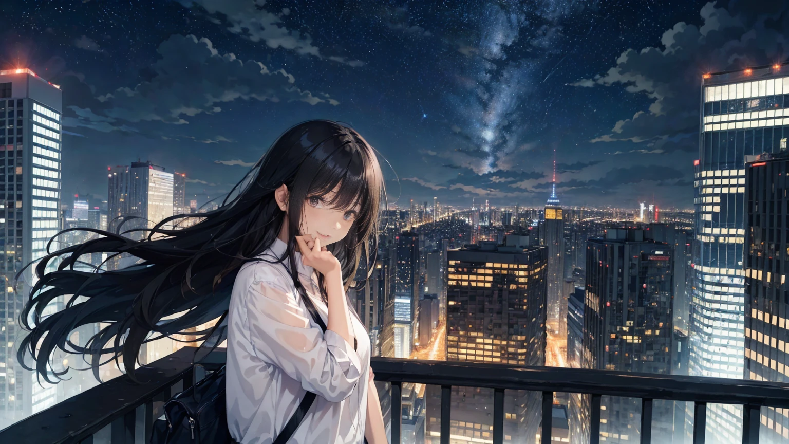 City Night、A cool breeze blows through the gaps between the buildings on a July night.。After the rain、The sky is clear.、The stars shine through the clouds。A woman with long black hair fluttering in the wind、A handsome man with short black hair is smiling and looking at me with a sad expression.、Summer night cityscape。The man and woman seem tired from walking.、I'm trying to walk again、A shot that captured the moment。Both of them are wearing casual, urban summer clothes.、Relaxed atmosphere。