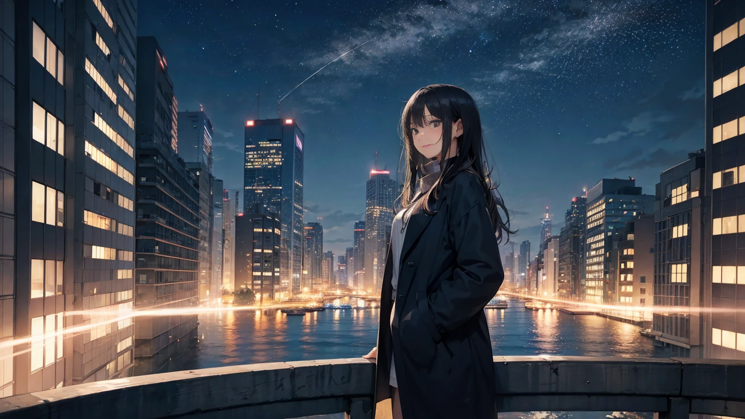 City Night、A cool breeze blows through the gaps between the buildings on a July night.。After the rain、The sky is clear.、The stars shine through the clouds。A woman with long black hair fluttering in the wind、A handsome man with short black hair is smiling and looking at me with a sad expression.、Summer night cityscape。The man and woman seem tired from walking.、I'm trying to walk again、A shot that captured the moment。Both of them are wearing casual, urban summer clothes.、Relaxed atmosphere。