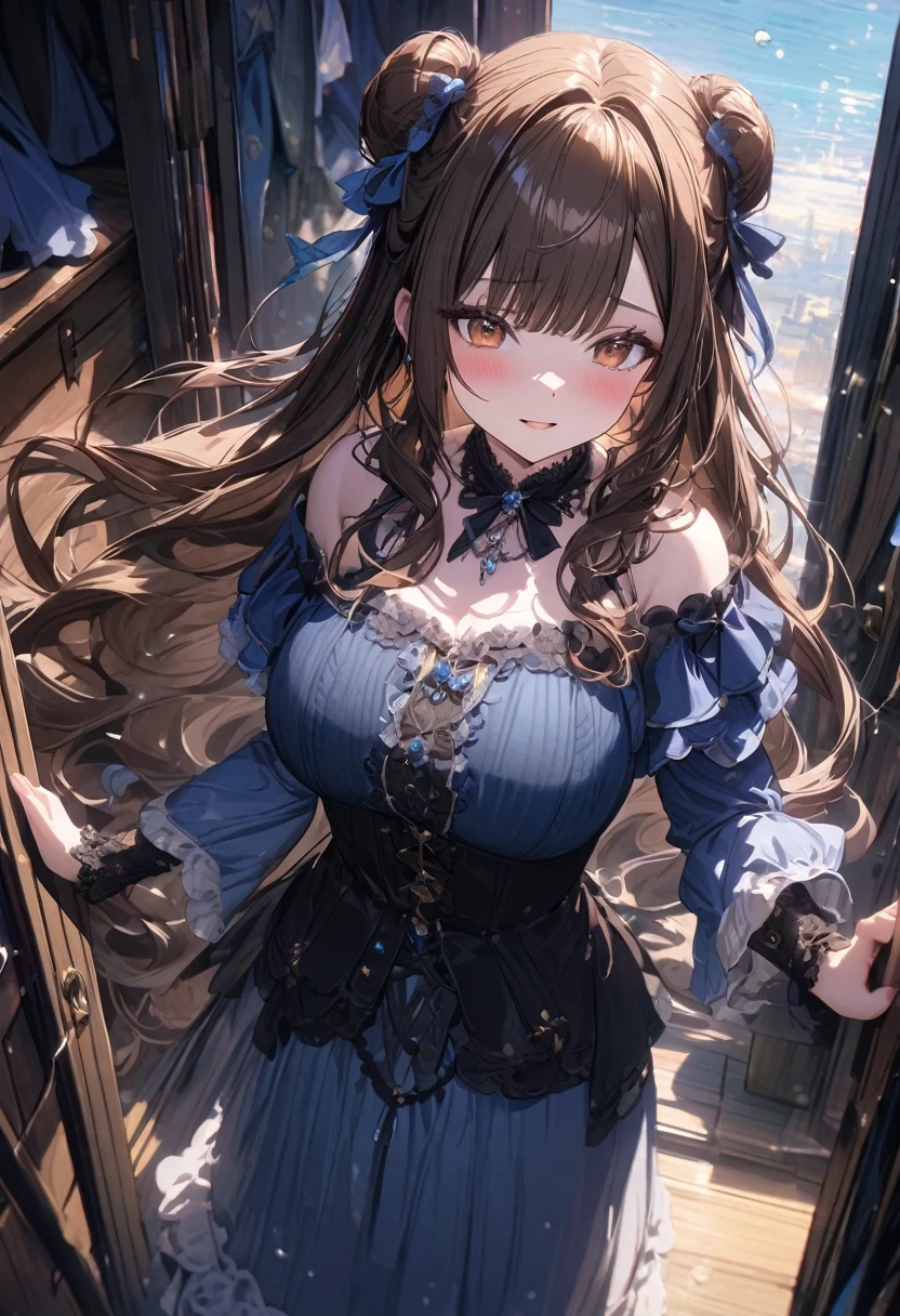 (masterpiece), best quality, very aesthetic, newest, absurdres, detailed, high quality
BREAK
highest quality, top quality, details, highres, ultra fine painting, digital art, official art, cinematic, 4k, 8k resolution, 8K CG wallpaper, CG, original artwork, detailed background, colorful background, blue atmosphere, High Dynamic Range, blurry background, blue hour, Starburst effects, crepuscular rays, good ISO, high resolution, wide shot, from far away, RAW photo, POV, sharp focus, light reflection, reflections, intricate details, soft light, particle noise, professional photography, bokeh, depth of field, natural lighting, vibrant colors, looking away, detailed lights and shadows, stylish, ultra-detailed, top rated on Pixiv, trending on Artstation, niji style, modern-days, master crafted, pose
BREAK
solo, close up shot, from above, 1girl, pale skin, correct fingers, detailed hand, (big breasts:1.2), big thighs, small torso, short body, flushtered, blush, anxious expression, embarassed, embarassed act, casual, slim, ((cute, childlike face):1.3), nice hips, nice body, brown hair, (very long flowing hair), (big 2 buns hairstyle)), long bangs, long hair, middle hair bangs, brown eyes
BREAK
(really long dress, frilly, long sleeve, princess style outfit, headwear, ribbon, royalty) 
BREAK
Hanging clothes, folded clothes, walls, changing room, wardrobe