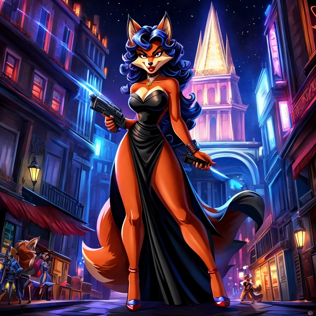 Фурри лисица Carmelita Fox из игры Sly Cooper Thieves in Time, with red lipstick on lips, in a black evening dress, shows his lips, holding a blaster, angry stands against the backdrop of the night city of Paris, cartoon style