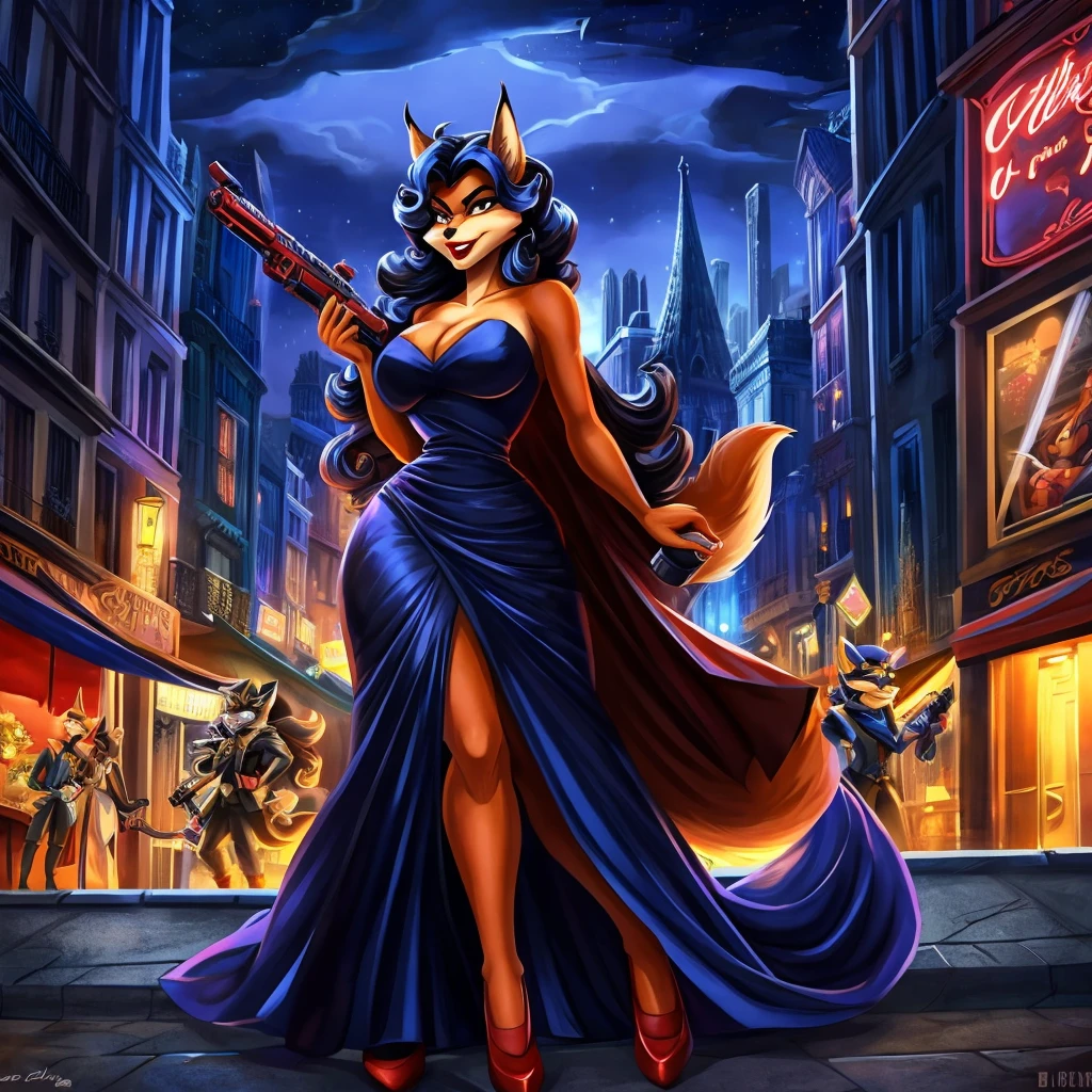 Фурри лисица Carmelita Fox из игры Sly Cooper Thieves in Time, with red lipstick on lips, in a black evening dress, shows his lips, holding a blaster, angry stands against the backdrop of the night city of Paris, cartoon style