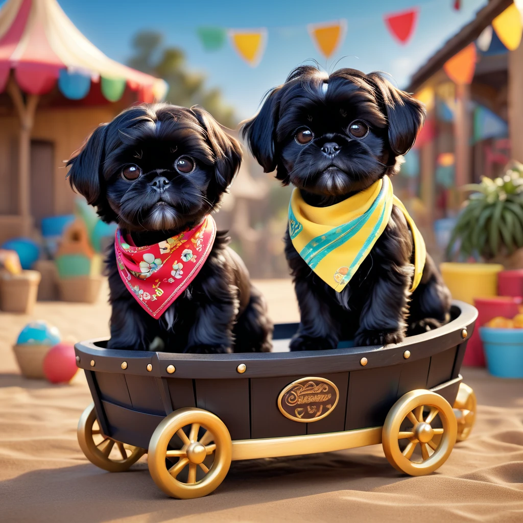 2 adorable small black shih tzu puppies,wearing bright bandannas and sunglasses,playing with wagon,disney background,3d cartoon,3d render,disney pixar style,cute,highly detailed,vibrant colors,warm lighting,photorealistic,masterpiece