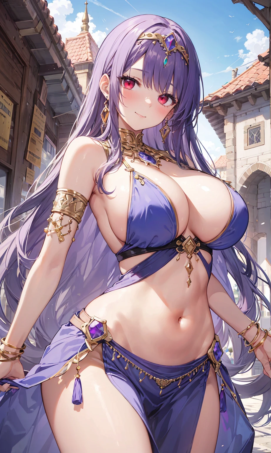 high quality, ultra detailed, best quality, insanely detailed, beautiful, masterpiece, 1girl, medieval plaza, cowboy shot, red eyes, long hair, purple hair, belly dancer, circlet, earrings, armlets, bracelets, bashful smile, large breasts, cleavage, soft stomach